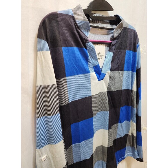 LA MODE WOMEN 2X BLUE PLAID NEW BLOUSE CHECKERED NAUTICAL WORK SHEER OFFICE FARM - Picture 2 of 15